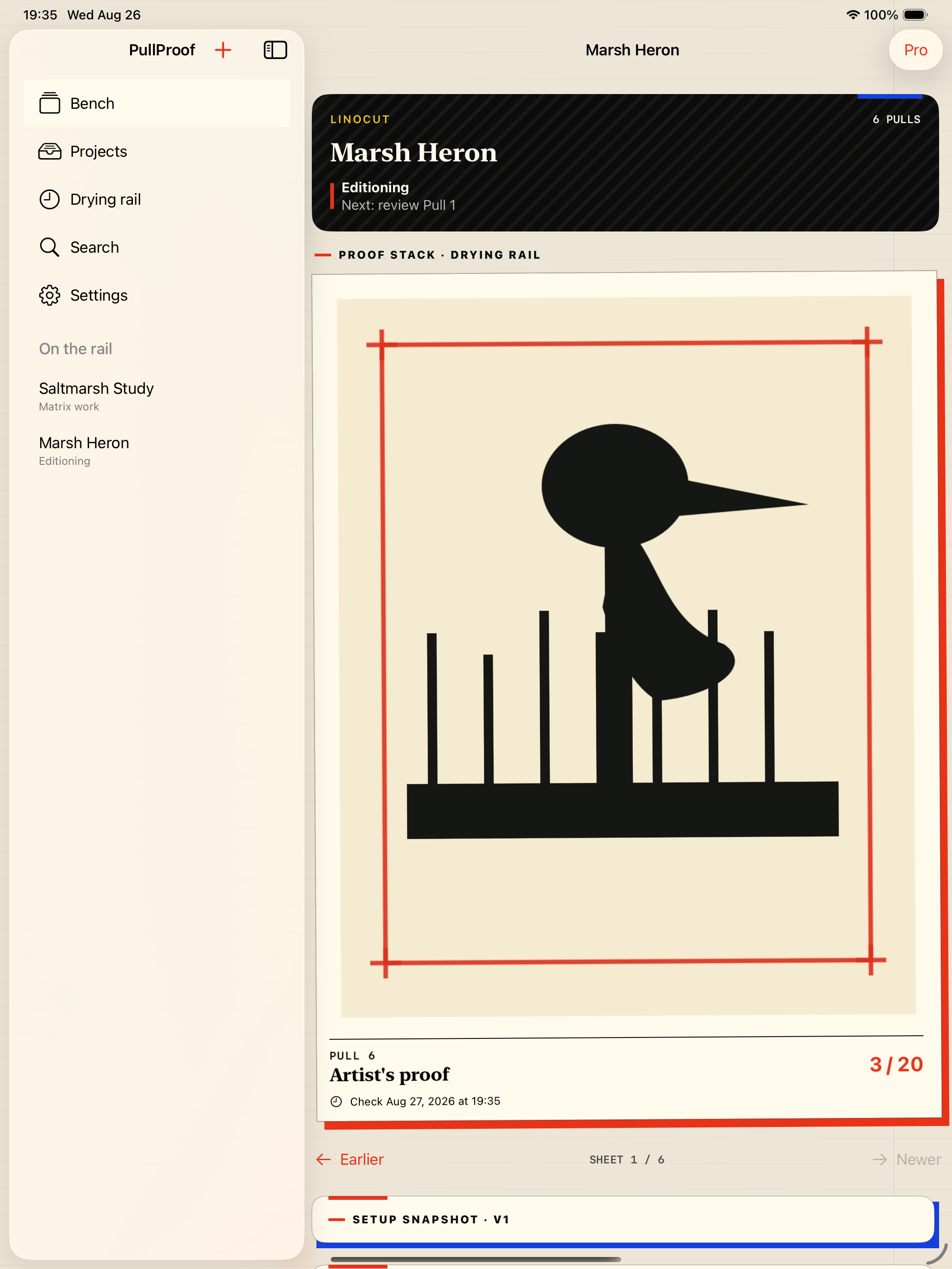 PullProof iPad studio workspace with a persistent project rail and large proof sheet