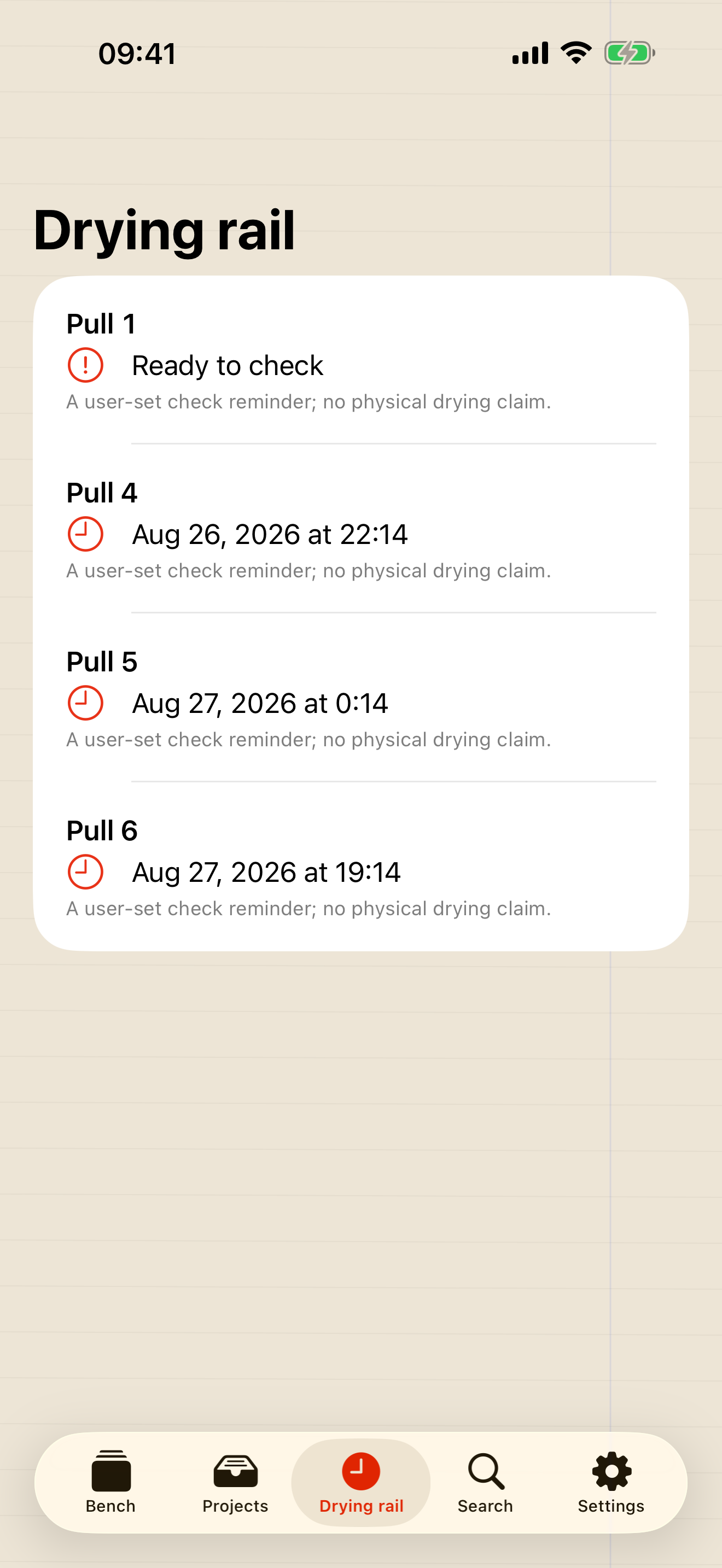 PullProof drying rail listing the printmaker's chosen check dates
