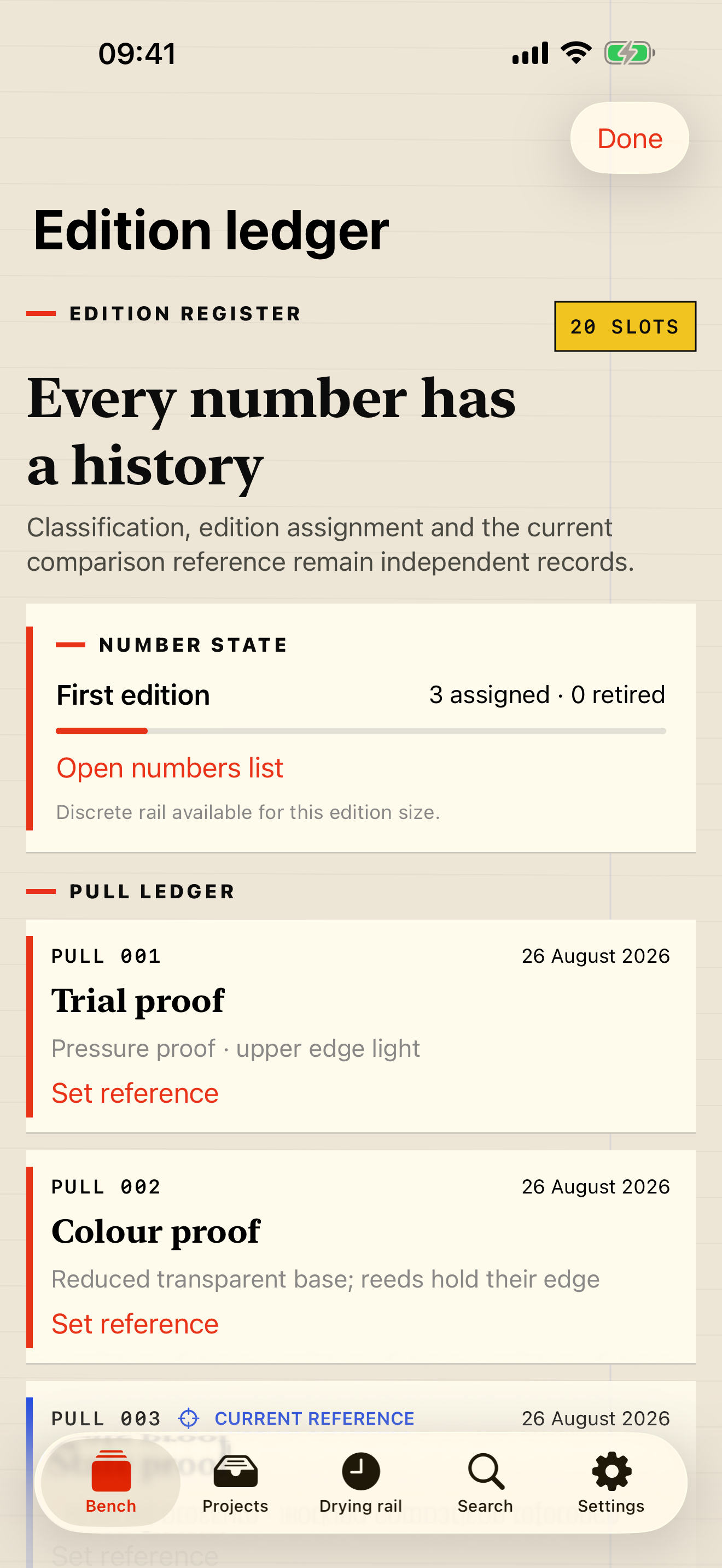 PullProof edition ledger showing numbered pulls and a current reference