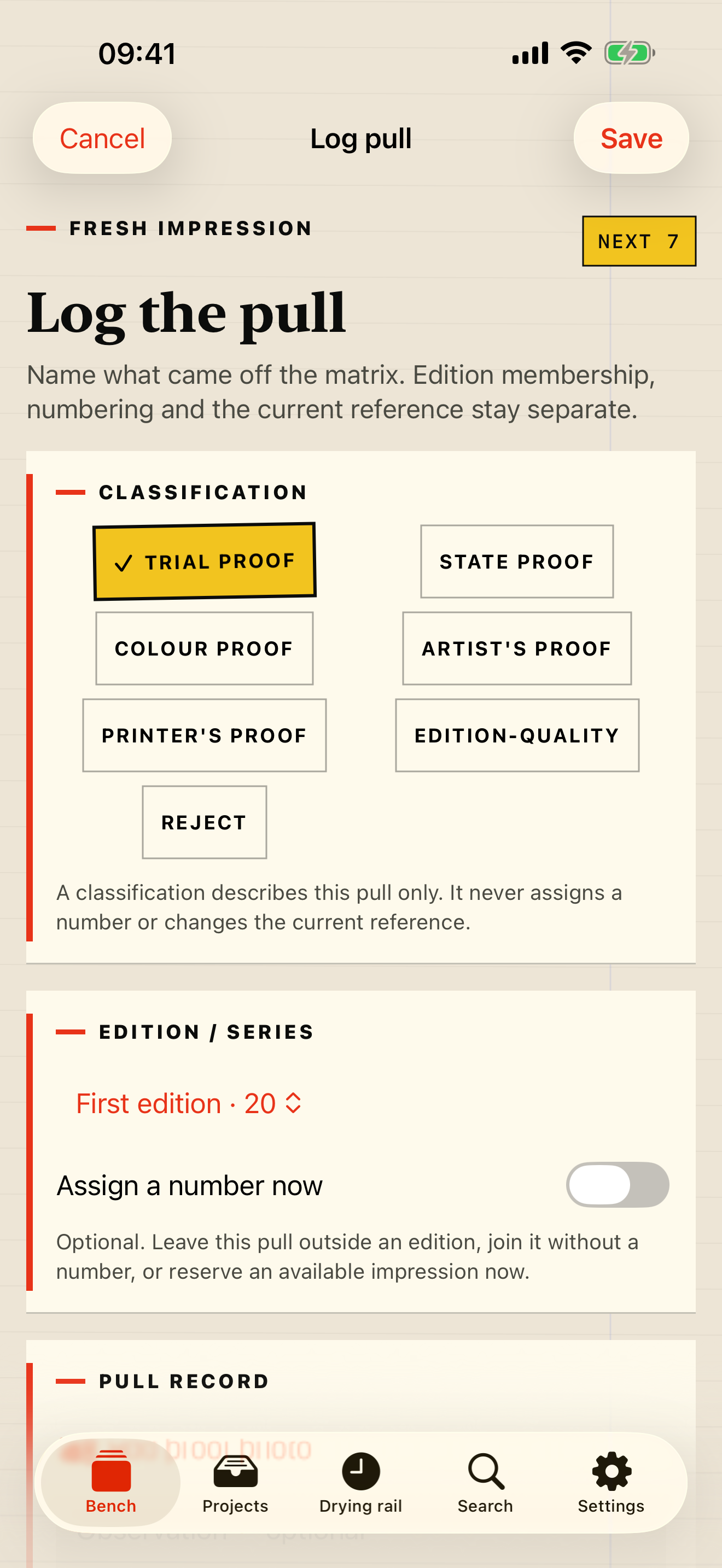PullProof Log pull screen with separate classification and edition controls