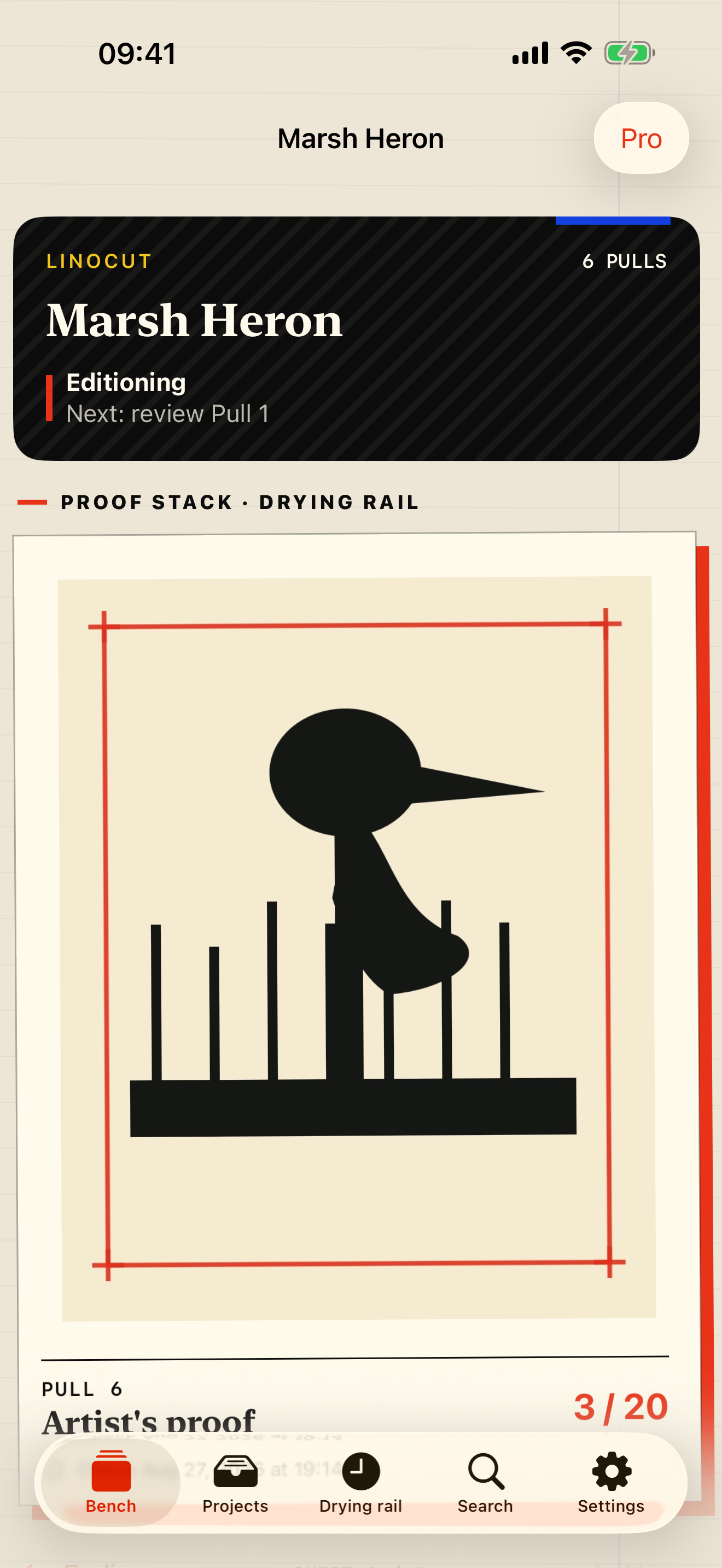PullProof proof stack showing a fictional Marsh Heron linocut, current pull and edition number
